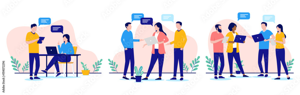 Poster teamwork people talking illustrations - collection of businesspeople discussing and working together
