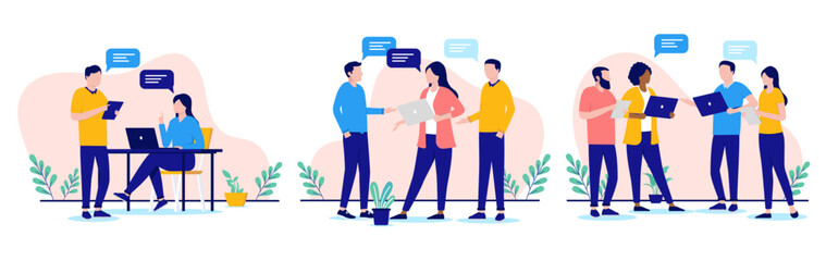 Teamwork people talking illustrations - Collection of businesspeople discussing and working together in corporate office workplace with computers and speech bubbles. Flat design vector
