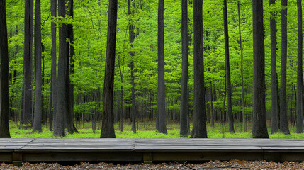 Serene spring forest scene with a wooden boardwalk path, showcasing vibrant green foliage and tall tree trunks. Ideal for nature, tranquility, and environmental themes.