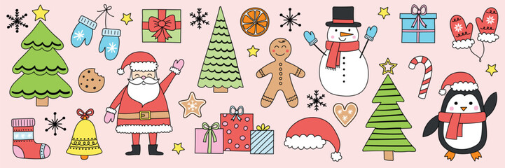 Collection of cartoon Christmas ornaments. Holiday icons: Santa Claus, snowman, cookie and tree. Vector illustration