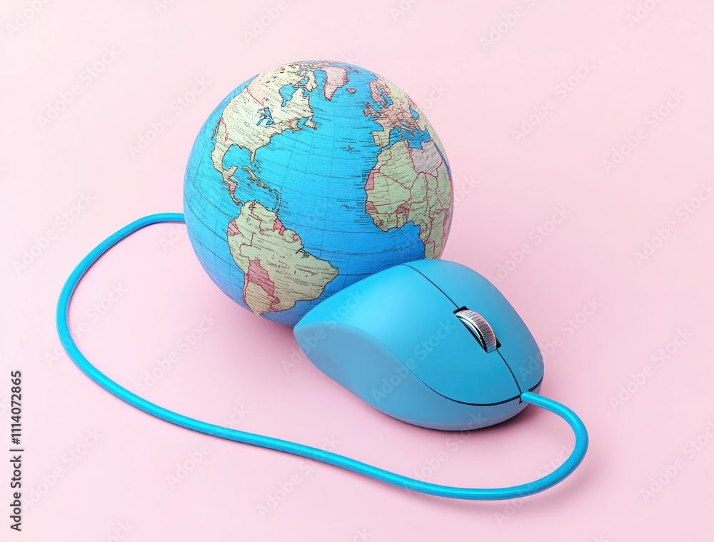 Poster globe resting on a blue computer mouse.