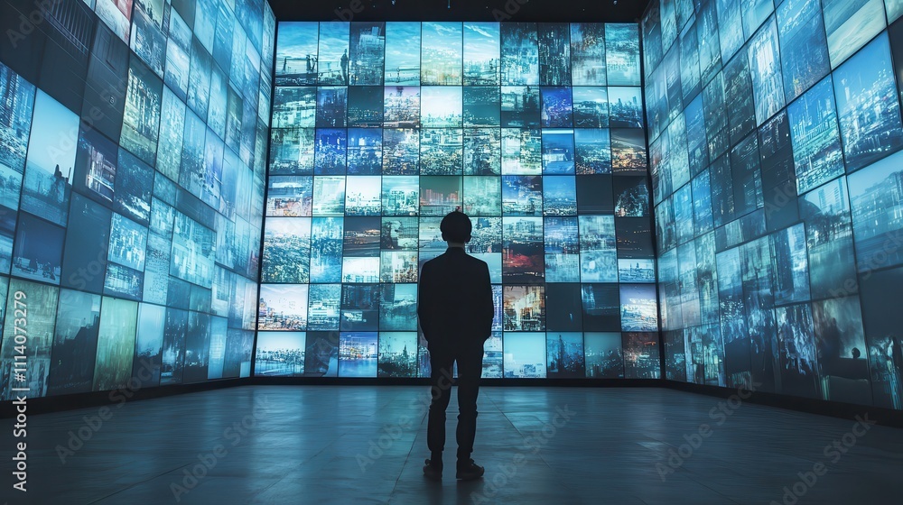 Poster the viewer stands contemplatively before a vast video wall that displays an array of images.