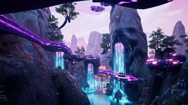 Futuristic Landscape With Waterfall, Stream, and Glowing Purple Structures