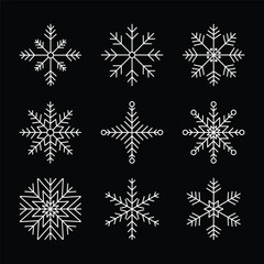 set of snowflakes isolated on black background. Editable stroke. winter snowflake icon collection. 