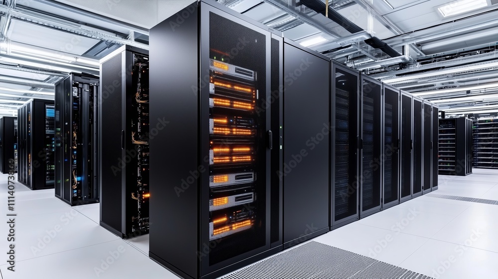 Poster modern data center with network servers lined up in organized rows illuminated by led lights