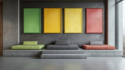 "Modern gray room featuring a panoramic window with wooden slopes, a trendy gray upholstered couch on a concrete floor, and a concrete podium for decor and artwork. Empty lime-gray frames on the wall 