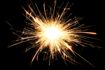 Bright sparkler burning brightly against a black background, radiating light and energy. Perfect for celebratory and festive designs.