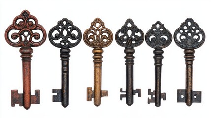 Obraz premium Antique vintage keys with intricate designs in a row for historic collectibles transparent background