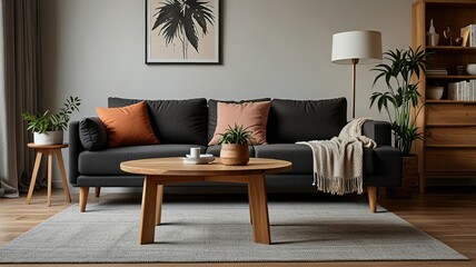 Wooden table in front of couch in spacious living room interior with plants and lamps. Real photo