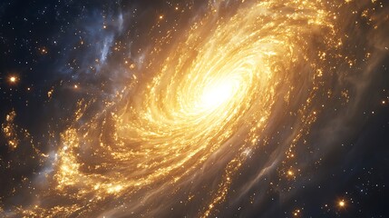 A glowing barred spiral galaxy with golden center and bright star trails