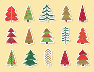 Colourful Christmas tree stickers collection. Holiday ornaments. Vector illustration