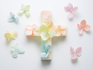 A simple pastel cross with a soft rainbow sev