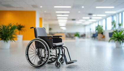 Disability wheelchair workplace diverse team concept. A modern wheelchair placed in a bright, spacious office environment, highlighting accessibility and mobility solutions.