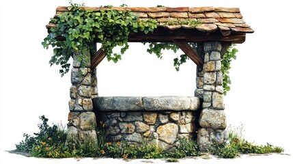 Rustic stone wishing well with wooden roof and ivy decoration medieval fantasy design transparent background