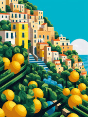 Italian Riviera, Mediterranean sea, summer, seaside town, holidays, travel, Ferragosto. Retro poster, postcard illustration, space for title or promo. 