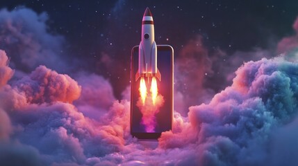 Rocket launching from a smartphone into a cosmic scene.AI Generated image