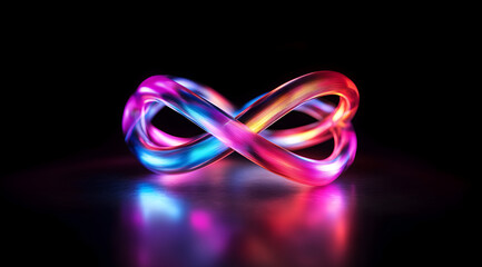 A vibrant, illuminated infinity symbol glows against a dark background, showcasing a blend of colors in a mesmerizing, fluid design.