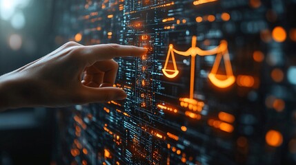 hand pointing to a digital scale, likely representing justice or legal concepts.
