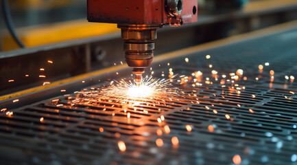 A laser cutting machine creates sparks while precisely cutting through metal materials.