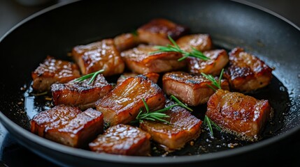 Juicy Pan-Seared Pork Belly with Fresh Rosemary Sprigs in Skillet