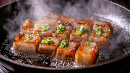 Sizzling Pork Belly Cooking in Pan with Steam and Herbs