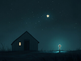 A small church with a cross stands alone unde