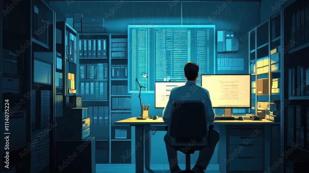 Aufkleber an it professional secures data using encryption in an office environment, ensuring cyber protection