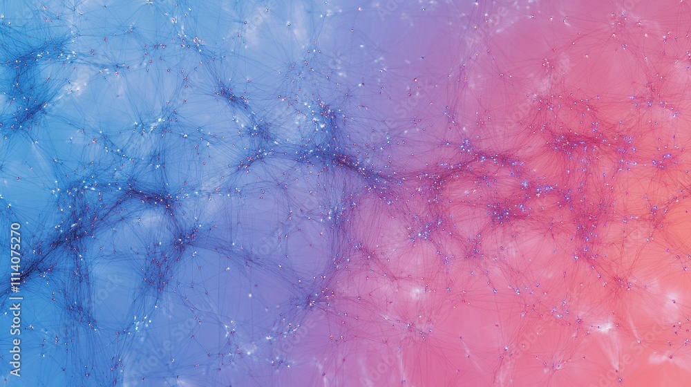 Poster abstract network visualization pink and blue hues interconnected nodes data flow graphic representat