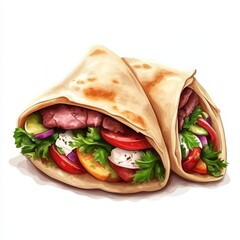 illustration of pita bread filled with vegetables and meats, isolated on a white background, ideal for culinary designs.