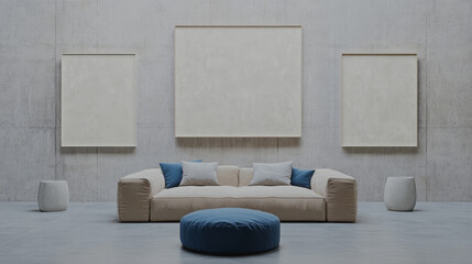 "An open space modern living room featuring a beige sofa, a blue velvet pouf, and decorative pillows on a concrete floor