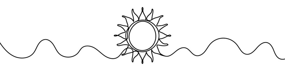 One continuous line illustration of the sun, isolated on white background. Line art of the sun