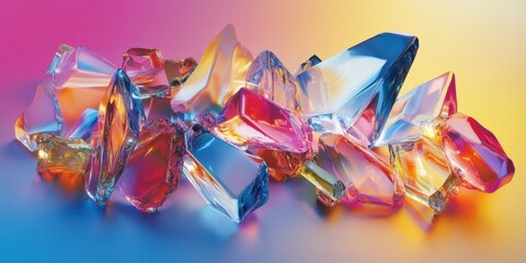 Vibrant Iridescent Glass Fragments: A Colorful Abstract Composition of Shattered Crystal
