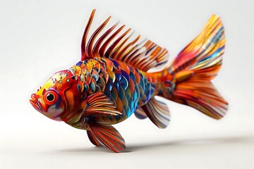 Vibrant, colorful, artistic goldfish illustration with layered, detailed scales and fins against a white background.