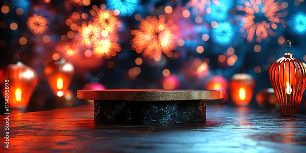 Poster colorful fireworks illuminate a festive setting with decorative lanterns and a display platform