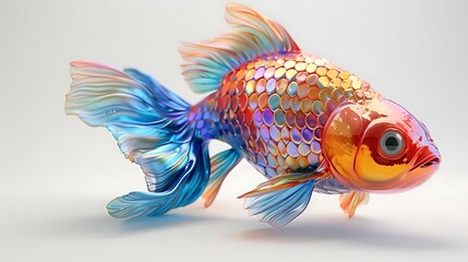 Vibrant iridescent goldfish with flowing fins, 3D render on white background.