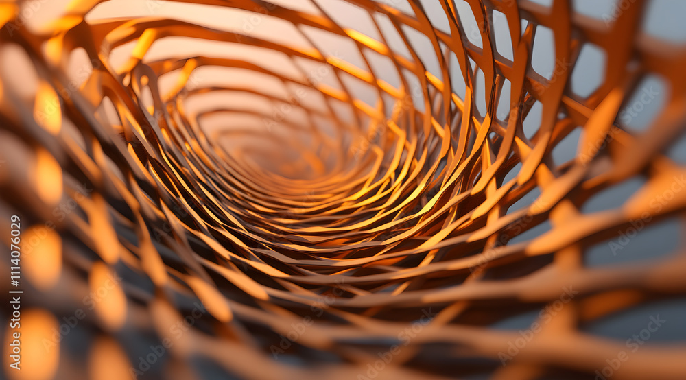Poster a mesmerizing close-up of a spiraling, woven structure in warm tones, creating an illusion of depth 