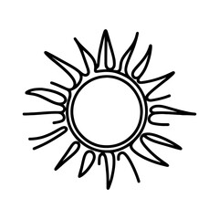 Linear sun icon. Black and white image of a hand-drawn sun. Vector illustration