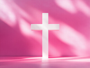 Obraz premium A white cross on a pastel pink background wit