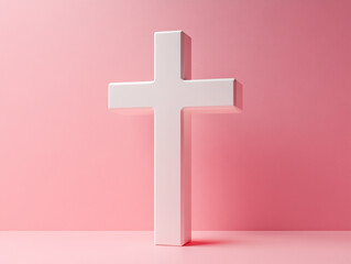 Obraz premium A white cross on a pastel pink background wit