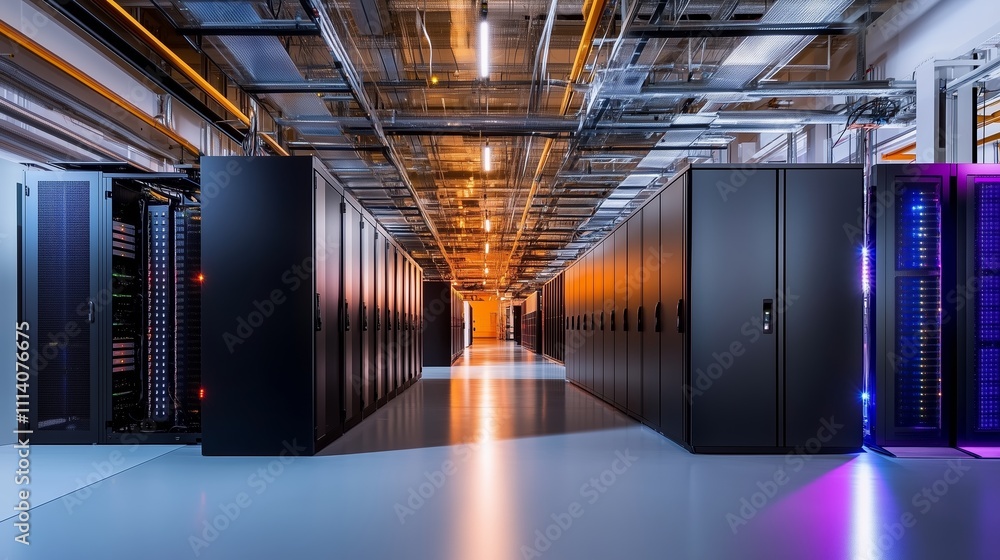 Poster modern data center showcasing rows of server racks and advanced cooling systems in a well-lit facili