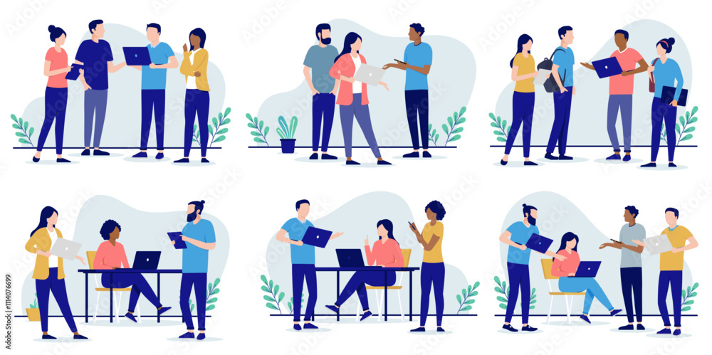 Fototapete Working people standing and talking collection - Set of illustrations with businesspeople working together in teams with computer laptops in office. Workplace culture concept in flat design vector