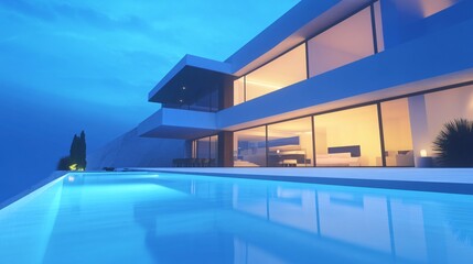 Fototapeta premium Luxury seaside villa hotel at night with glowing neon lights, an illuminated swimming pool, and a breathtaking ocean view, creating a modern and elegant atmosphere.