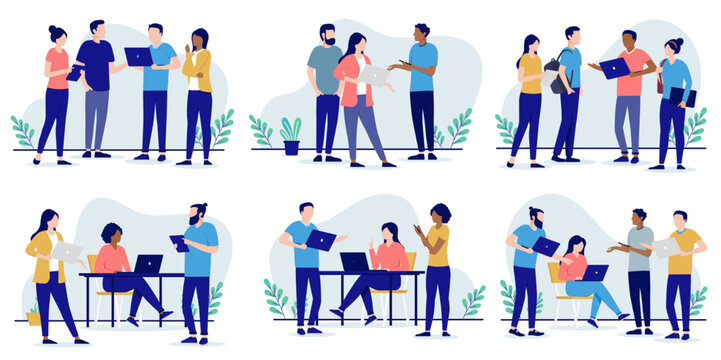 Working people standing and talking collection - Set of illustrations with businesspeople working together in teams with computer laptops in office. Workplace culture concept in flat design vector