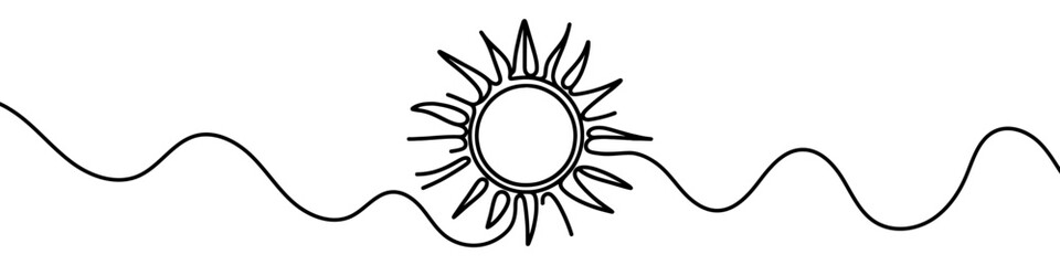 One continuous line illustration of the sun, isolated on white background. Line art of the sun