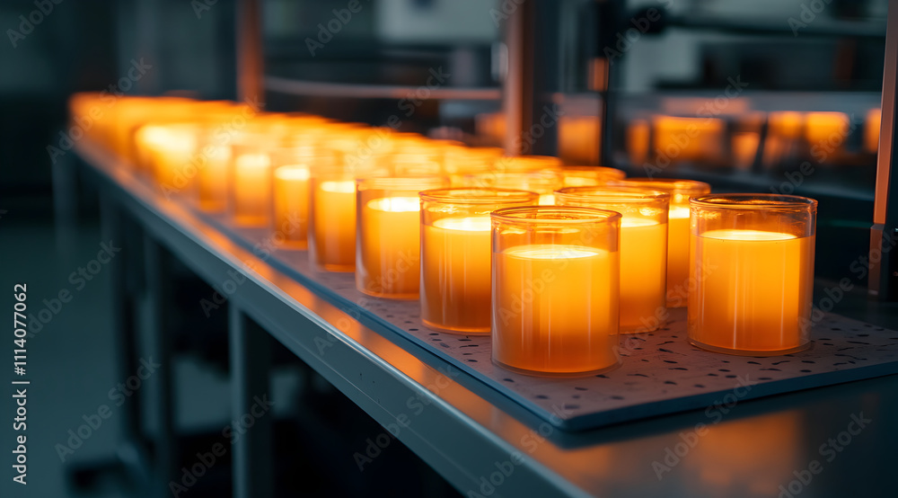 Aufkleber a row of glowing candles in glass holders on a workbench, creating a warm and inviting atmosphere.