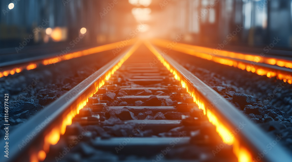 Poster a close-up view of railway tracks illuminated by warm light, creating a dramatic perspective leading