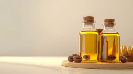 A close-up view of a bottle of jojoba oil with scattered jojoba seeds, isolated on a clean white background, highlighting the oil's texture and natural properties. Generative AI