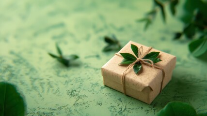 Tender cozy handmade kraft paper gift box on blurred green background with natural green leaves