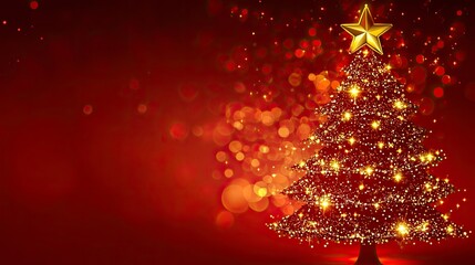 A Christmas tree with sparkling lights placed to the side, gold stars on top, glittering decorations, and a festive bokeh background with warm red hues.