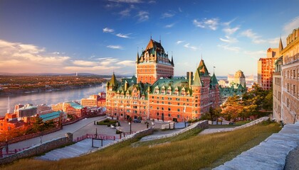 Obraz premium Golden Morning Light Illuminates Château Frontenac in Historic Old Quebec